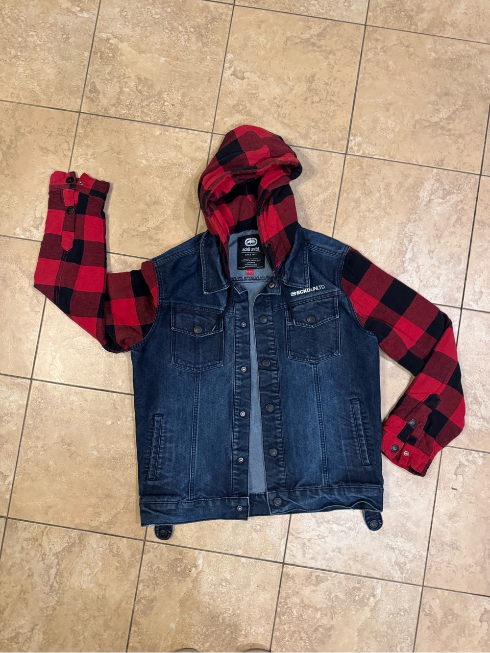 Ecko Unltd Denim Vest with Red Black Plaid Hoodie